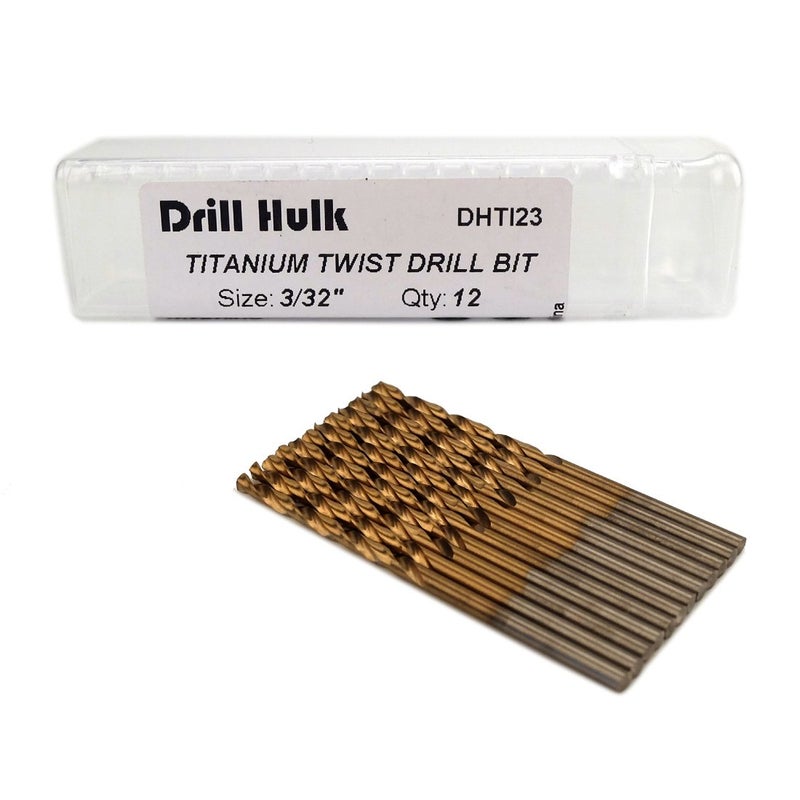 Drill Hulk Pack of 12, 3/32-Inch Titanium Nitride Coated Drill Bit, Premium M2 High Speed Steel, Jobber Length, for Metal, Plastic, Wood - Image 1